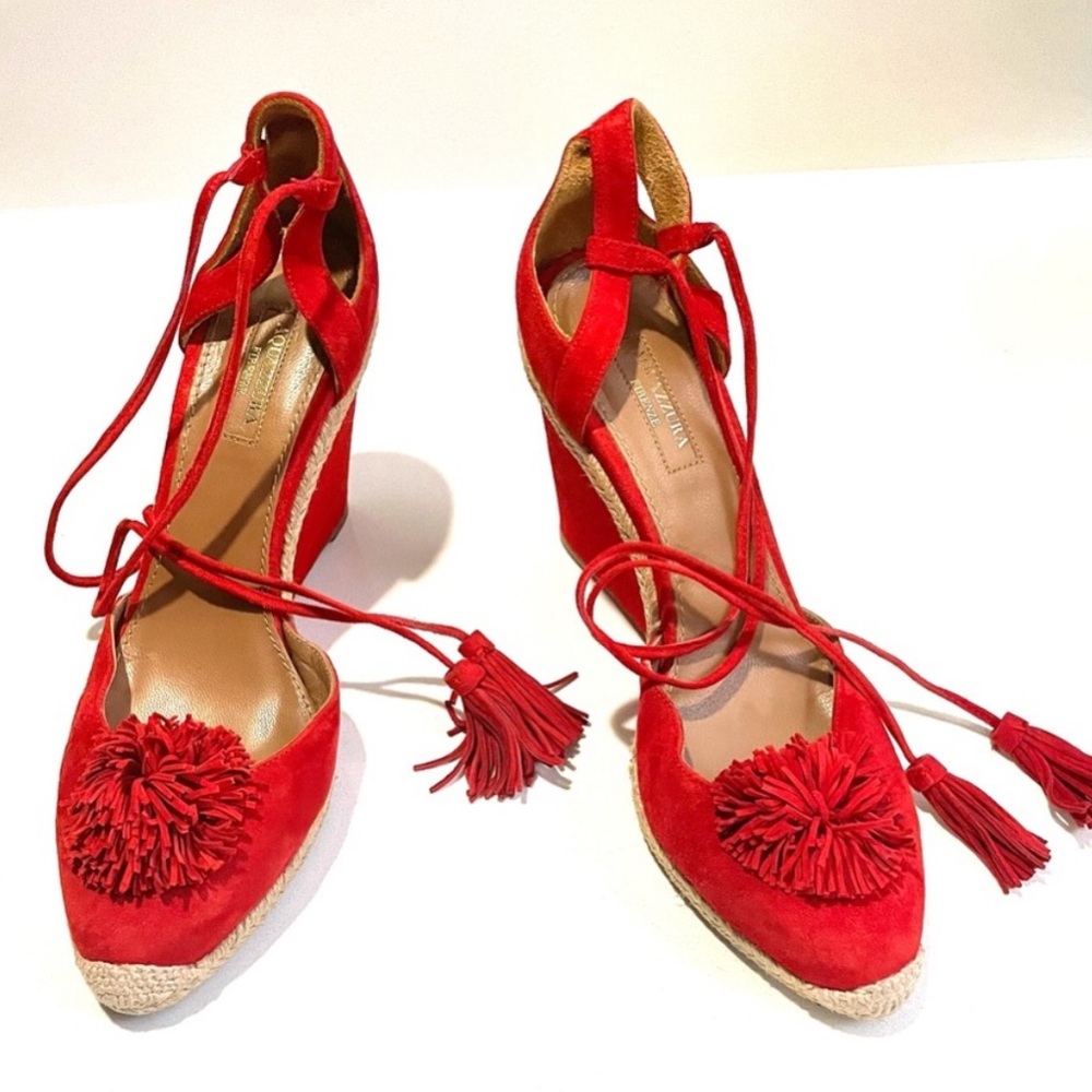 AQUAZZURA Sunshine Pompom Red Suede Wedge Sandal Espadrille US 7/7.5 / EU 37.5 - Picture 9 of 10